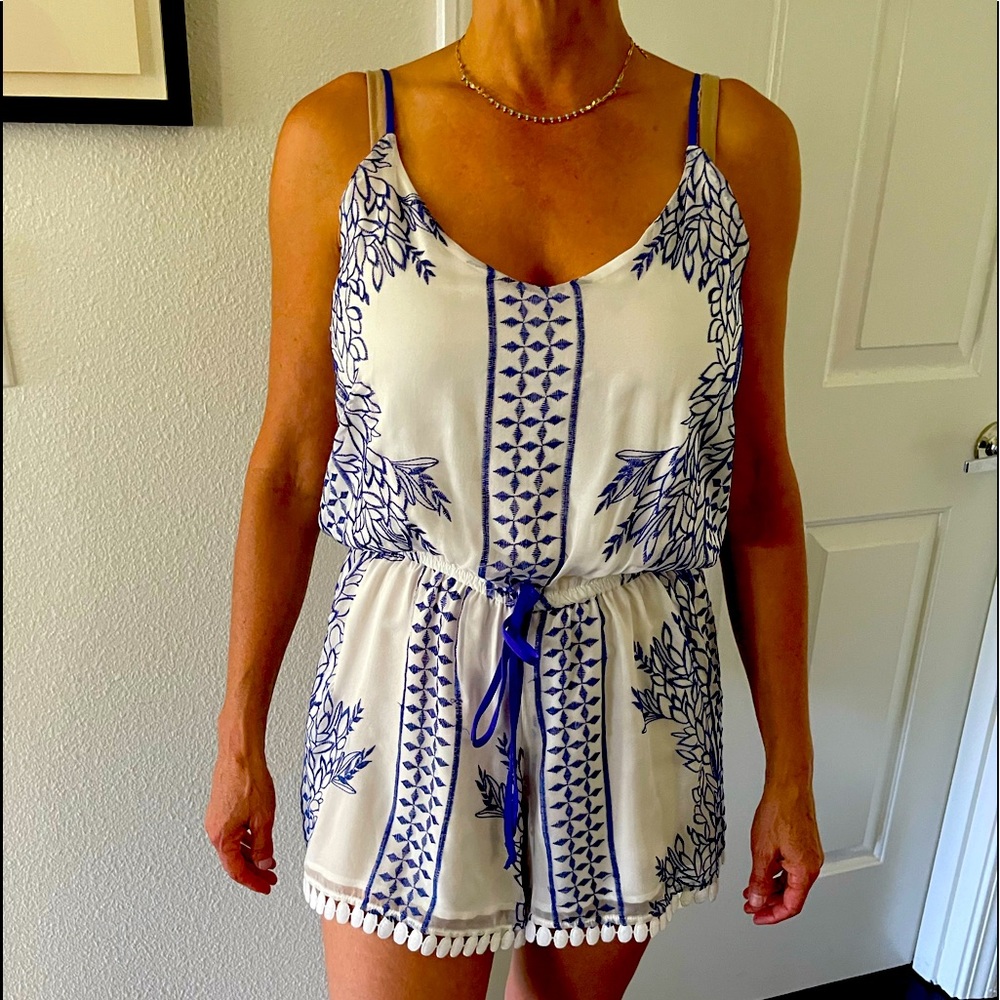 Blue and white tie front romper